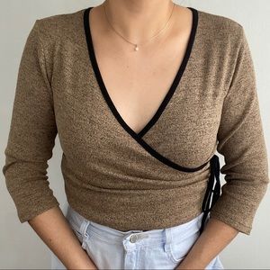 I.N. San Francisco V Neck 3/4 Sleeve Wrap Top Brown Black